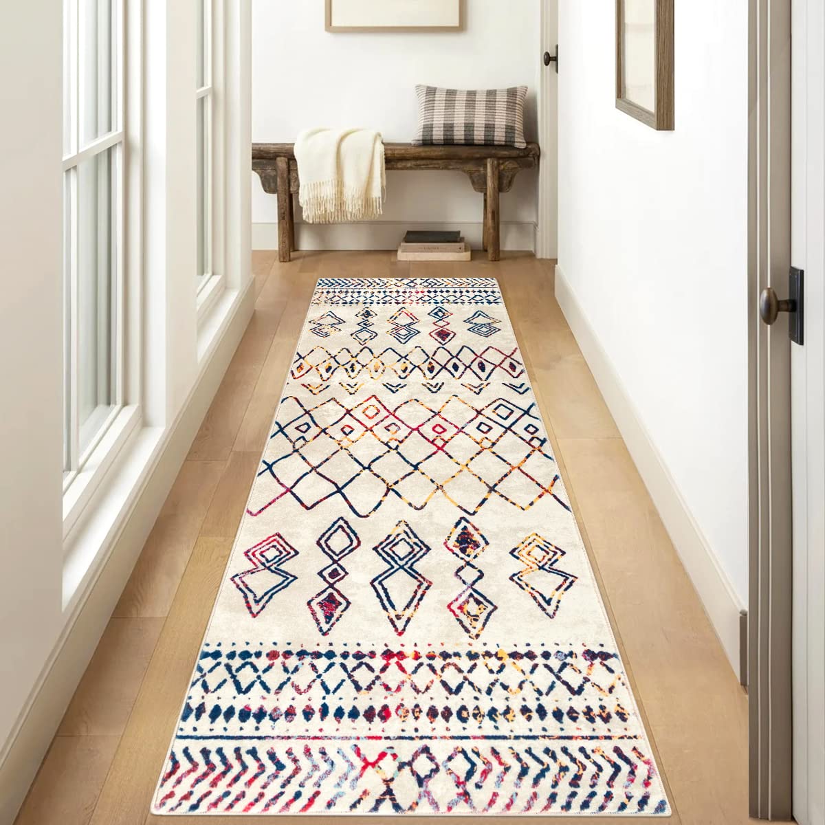 Carvapet Tapis de Couloir 60x240cm Antidérapant Tapis de Passage Long Tapis de Cuisine Lavable Doux Microfibre Géométrique Tapis de Sol(Multicolore)