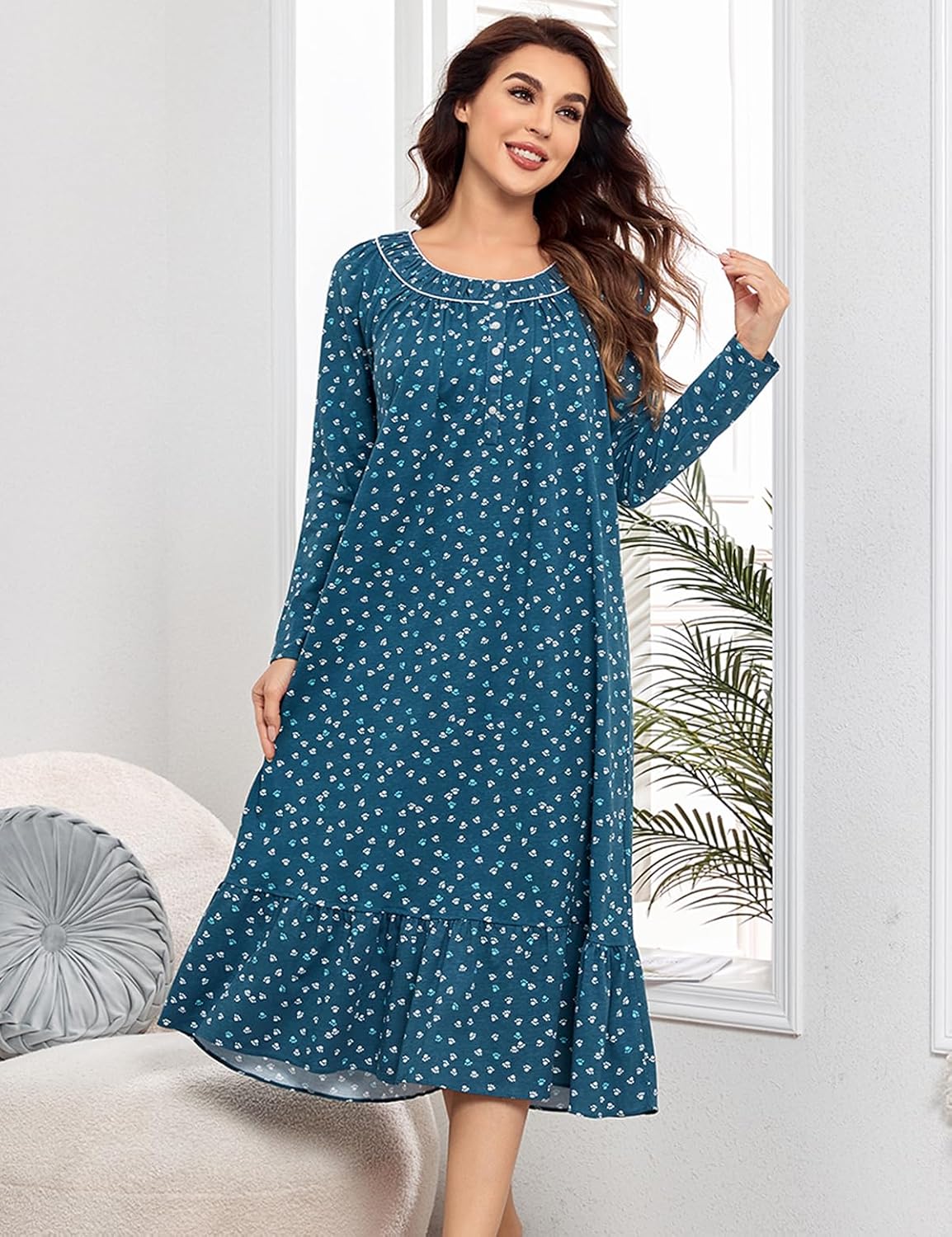 MZROCR Cotton Nightgowns for Women Soft Long Sleeve Night Gowns for Adult Women Comfy Night Shirts Lightweight Sleepwear - Image 5