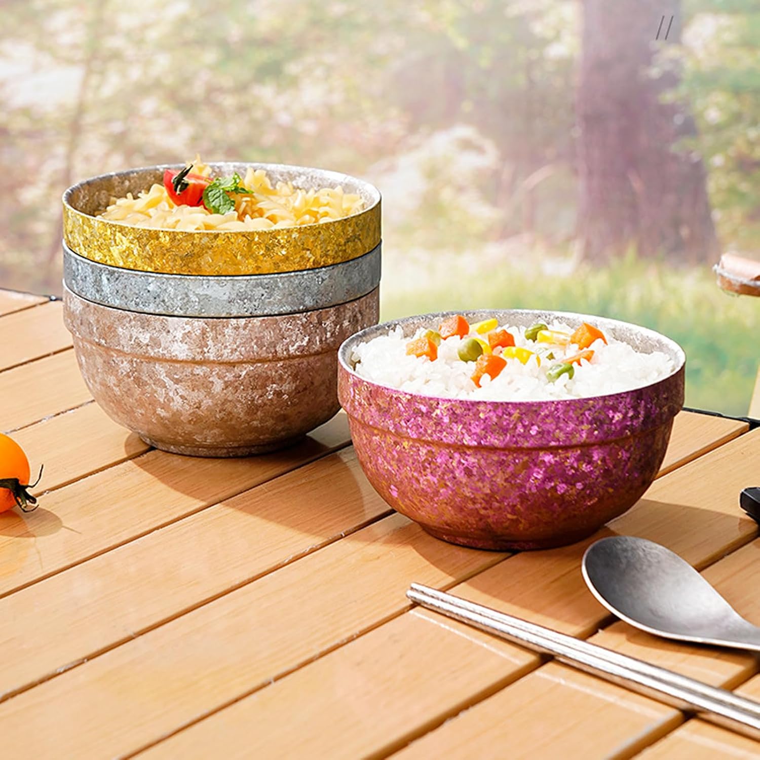 Titanium Camping Bowl Double Wall Insulated Bowl Stackable Lightweight Backpacking Dinnerware Durable Soup Cereal Rice Bowl for Home & Outdoor Use, No Coating RT085T (Gold)