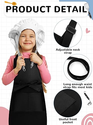 Miniatura 2 de Cozypower 3 delantales negros para niños, delantales ajustables de algodón con 2 bolsillos, delantales de chef para niños, para cocinar, hornear,