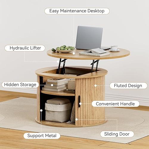 Miniatura 4 de FABATO Round Lift Top Coffee Table, Fluted Wood Accent Coffee Table with Hidden Storage and Open Shelves, Drum Table with Sliding Rolling Door,