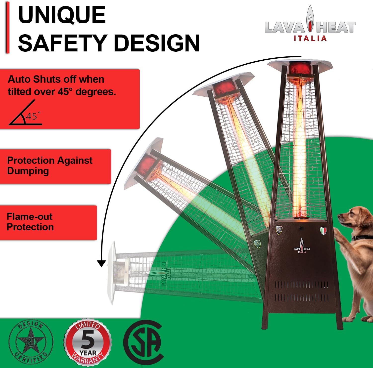 Lava CAPRI A-LINE 42000 BTU Portable Propane Pyramid Patio Heater - 4.75 Inch Glass Tube - 304 Stainless Steel - Triple Protection System - Safety Tilt Switch - 36 Sq. Ft. Heat Range - Heritage Bronze