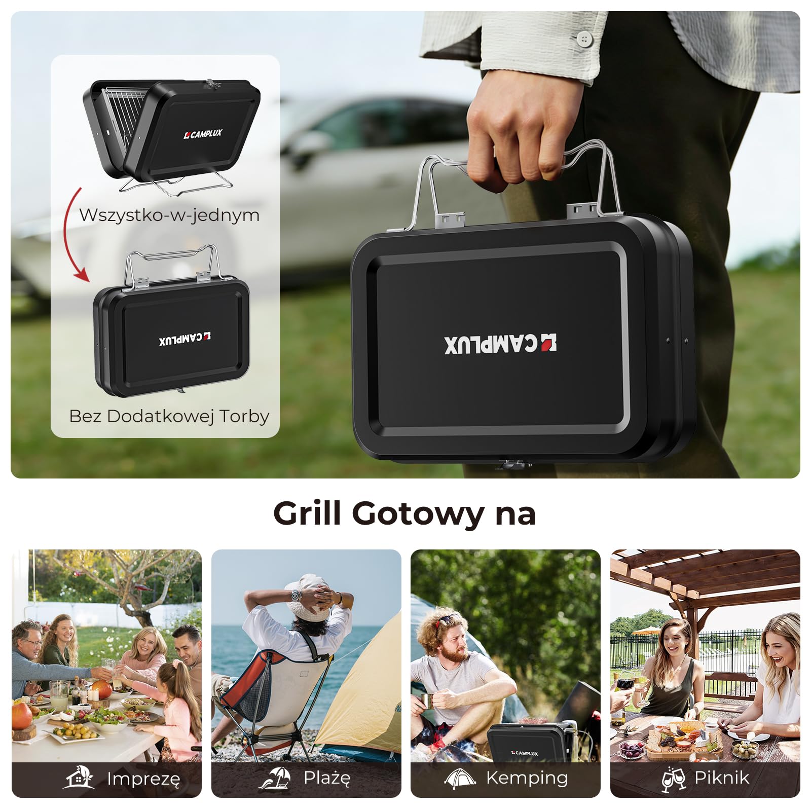 CAMPLUX FoldGo przenośny grill gazowy, 2-w-1 na gaz i węgiel, FG16GB
