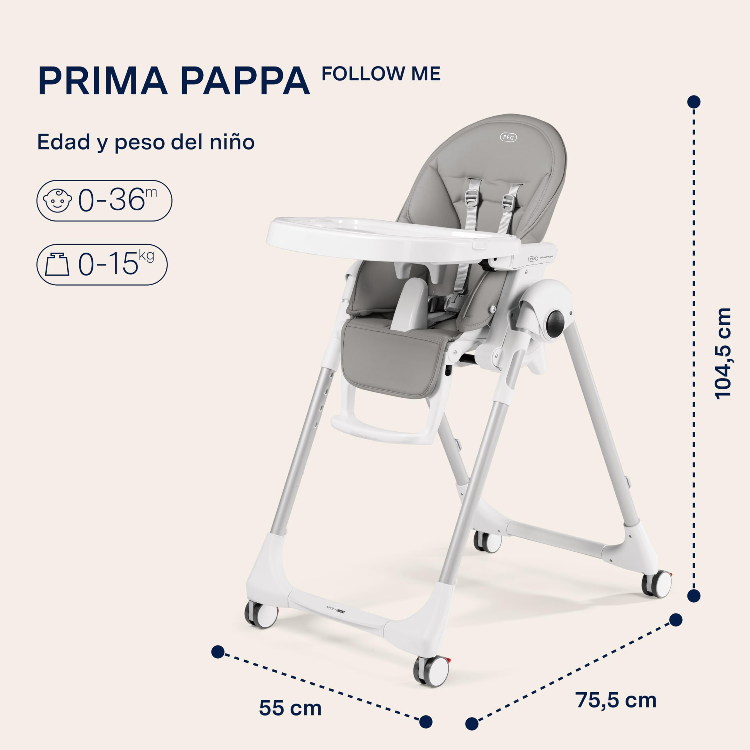 Peg Perego, Prima Pappa Follow Me, Trona, color gris (Ice)