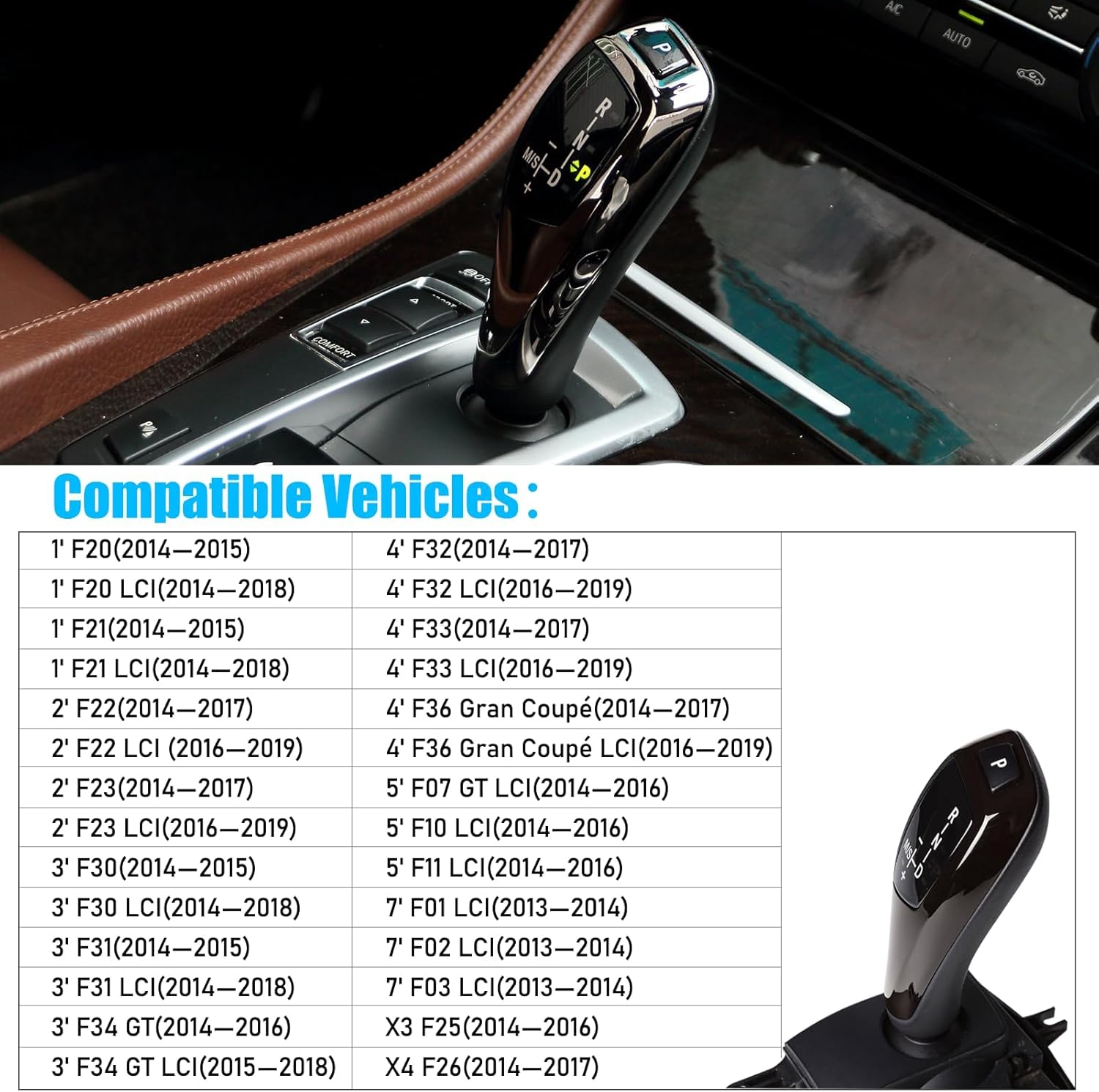 Table showing compatible BMW F-series models and years for the gear shift knob cover.