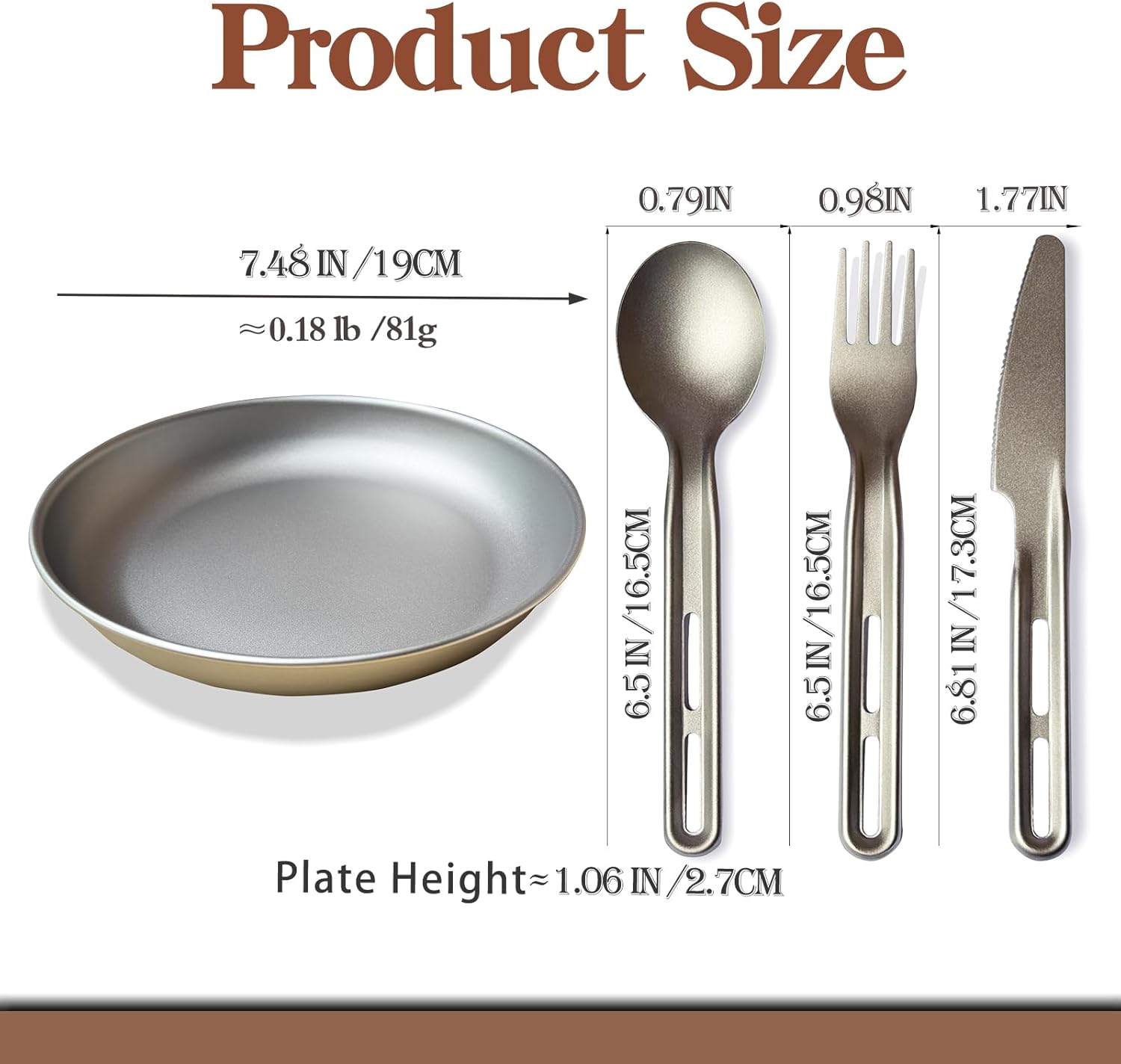 7.5Inch Titanium Plate With Knife Fork Spoon Set Of 4 - Ultralight For Backpacking, Hiking, Travel Dinnerware Easy Clean Compact