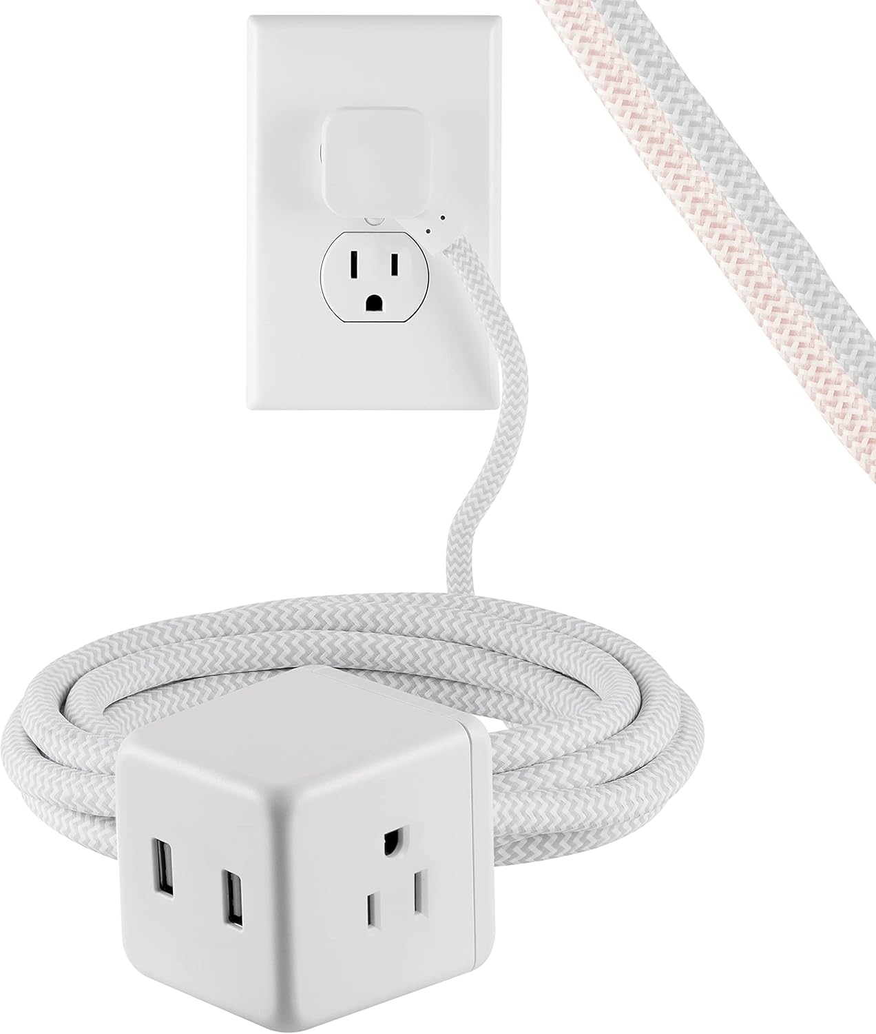 Cordinate Adapt 3 Widely Spaced Multiple Outlets Power Strip 2 USB Ports Braided 4 ft Extension Cord Flat Plug Electrical Extender for School Dorm Room Home Office, Gray, 78847