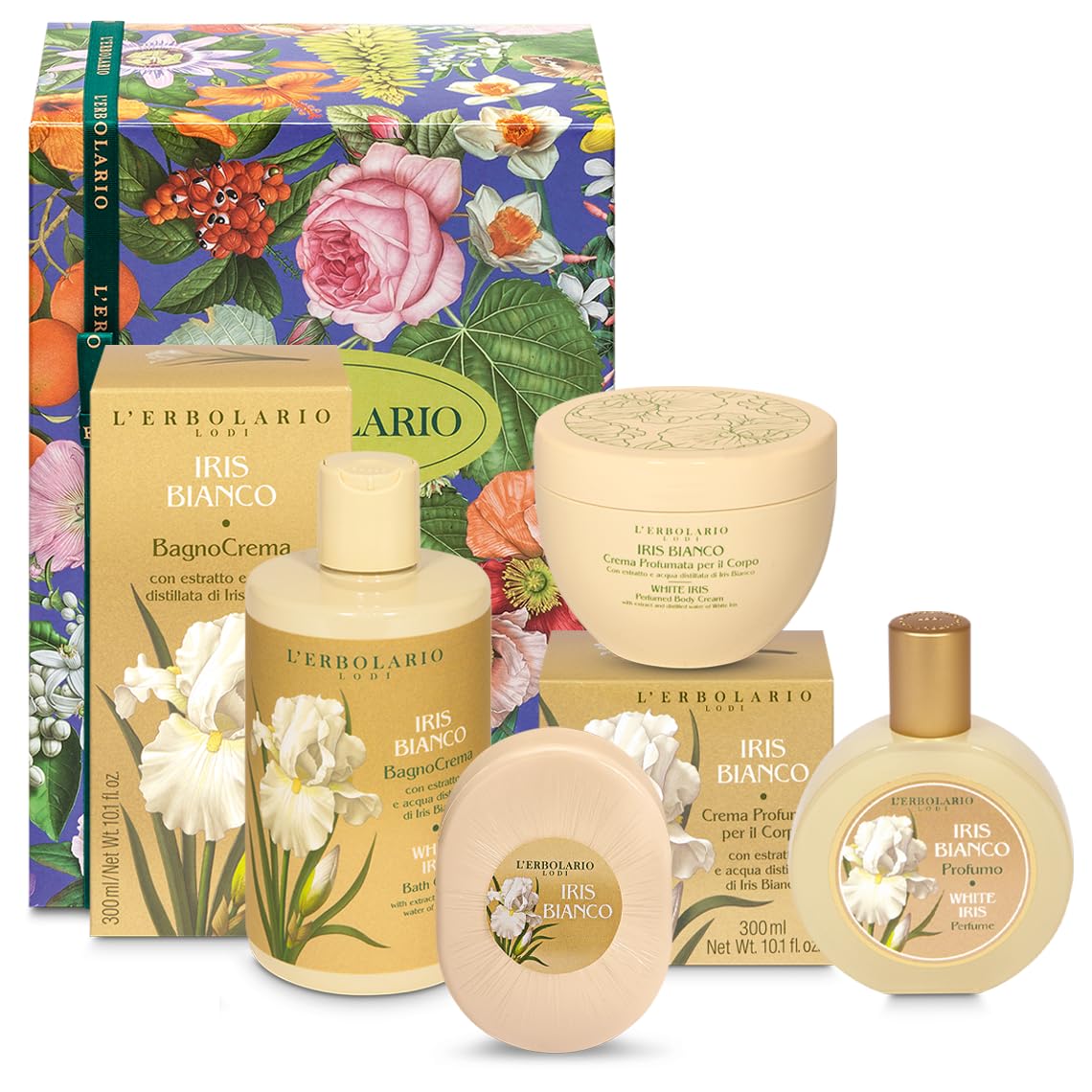 L'ERBOLARIO - IRIS BIANCO Completa - Confezione Regalo in Scatola Originale - 1 Bagnocrema da 300 ml, 1 Crema Corpo da 300 ml, 1 Profumo da 50 ml, 1 Sapone da 125 gr + in OMAGGIO Sacchetto di Raso