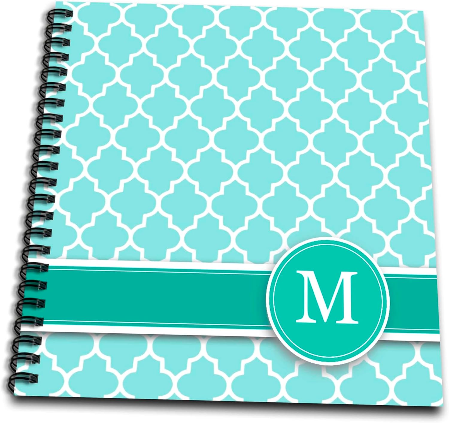 3dRose db_154553_1 Personalized Letter M Aqua Blue Quatrefoil Pattern Teal Turquoise Mint Monogrammed Personal Initial Drawing Book, 8" x 8"