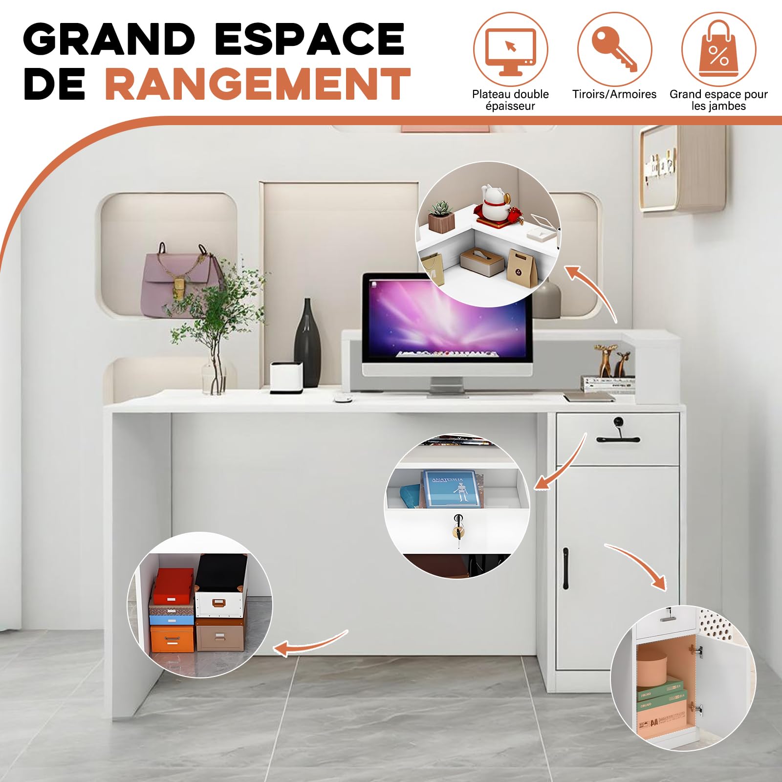 Comptoir Caisse, Accueil avec Tiroir Verrouillable étagères Ouvertes, Largeur 100‑240 cm, Moderne pour Salon Bureau Boutique