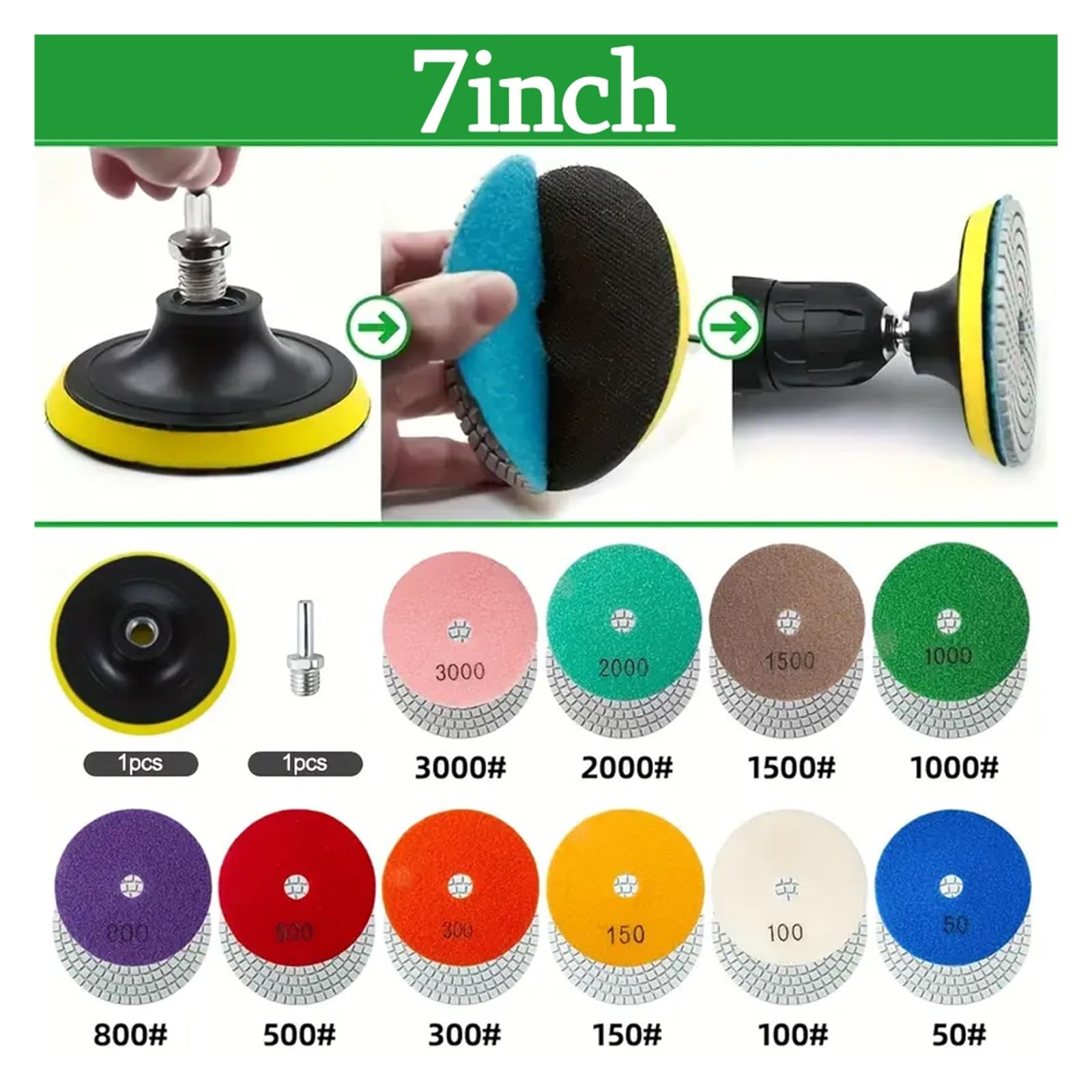 12 szt. 3-7-calowych diamentowych tarcz polerskich do polerowania na sucho/mokro, granitu, kwarcu, płytek i szkła, z uchwytem rzepy(7inch Set)