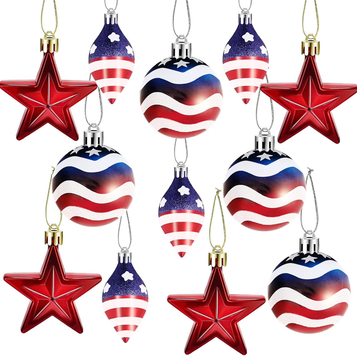 12 Pcs Patriotic Ornaments for Small Tree Decorations, Independence Day Stars Balls Hanging Ornaments Set for Fourth of July Home Indoor Outdoor Party Decoration, 3 Styles, Red White Blue