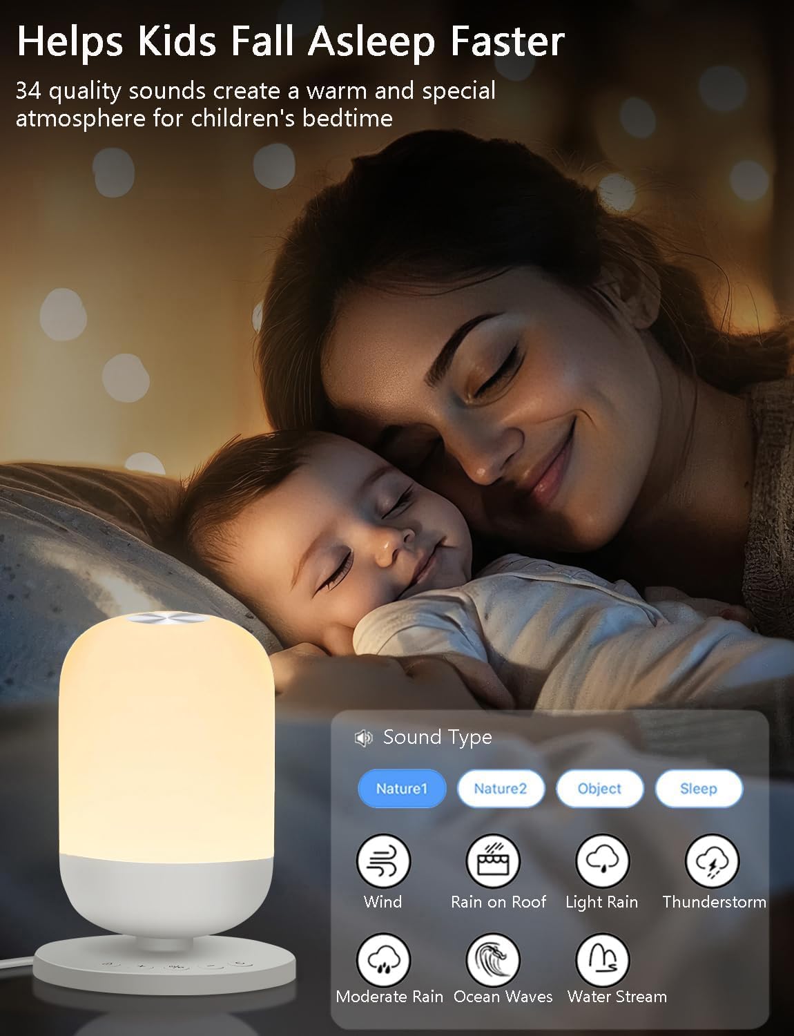 Intelligent Machine à bruit blanc pour sommeil de bébé et adulte avec 34 sons apaisants, Veilleuse douce pour l'alimentation, Réveil programmes et minuterie, Contrôle Tuya Smart APP