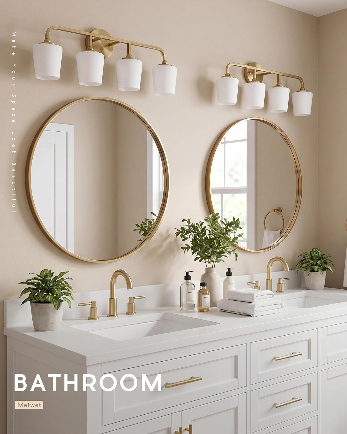 4-Light Bathroom Light Fixtures, 27" Brushed Gold Vanity Lights for Bathroom with Milk White Glass Shades, Vanity Lighting Fixture Over Mirror, Up or Down Mounting, VL289-BG-4