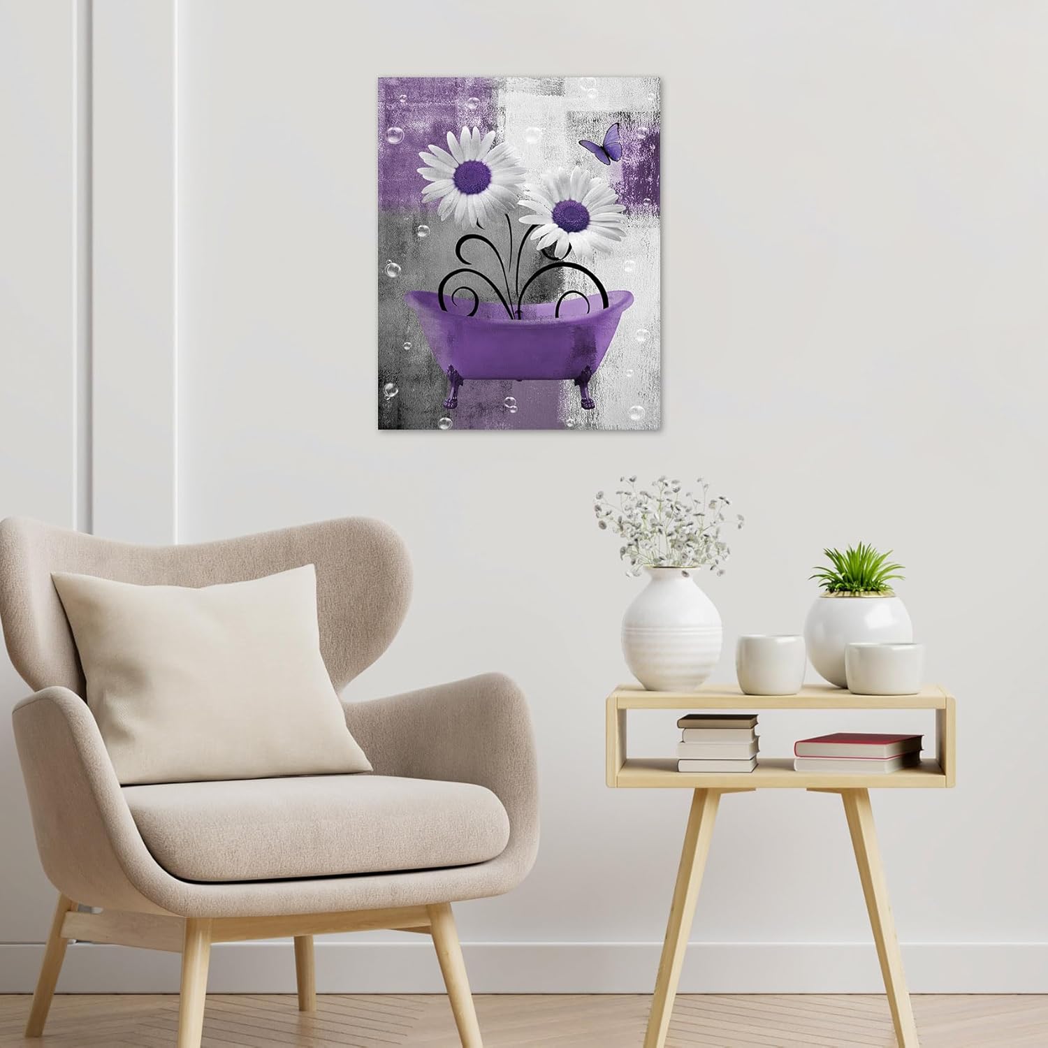 HVEST Purple Daisy Flower Canvas Wall Art Farmhouse Floral and Butterfly in Bathtub Bathroom Wall Art Modern Abstract Geometric Pictures Decor Paintings for Living Room Bedroom,20L X 16W inches
