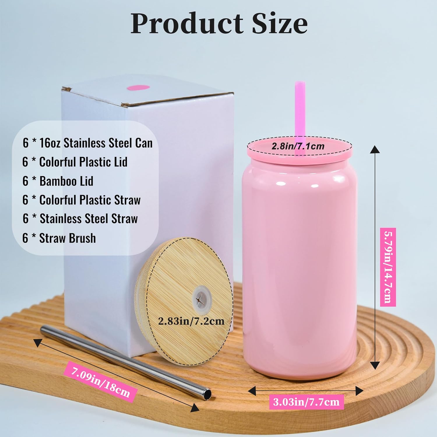 16oz Stainless Steel Tumbler, 6 Pack Double Wall Insulated Mason Jar, Sublimation Beer Can with Lids and Straws, Iced Coffee Cups for Water Cola Coffee Soda Tea - Image 2