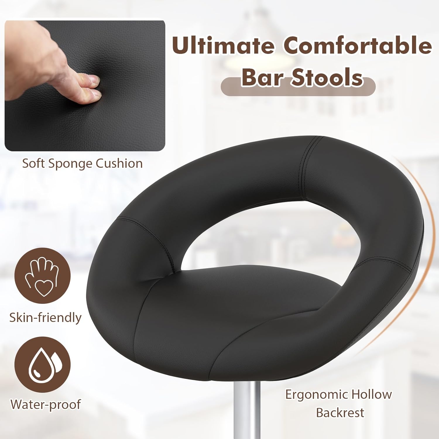 COSTWAY Height Adjustable Bar Stools Set of 4, Swivel Counter Stools w/Hollow Back & Footrest, Heavy-Duty Metal Frame Upholstered Pub Stools, Swivel Breakfast Chairs for Bar, Kitchen, Black