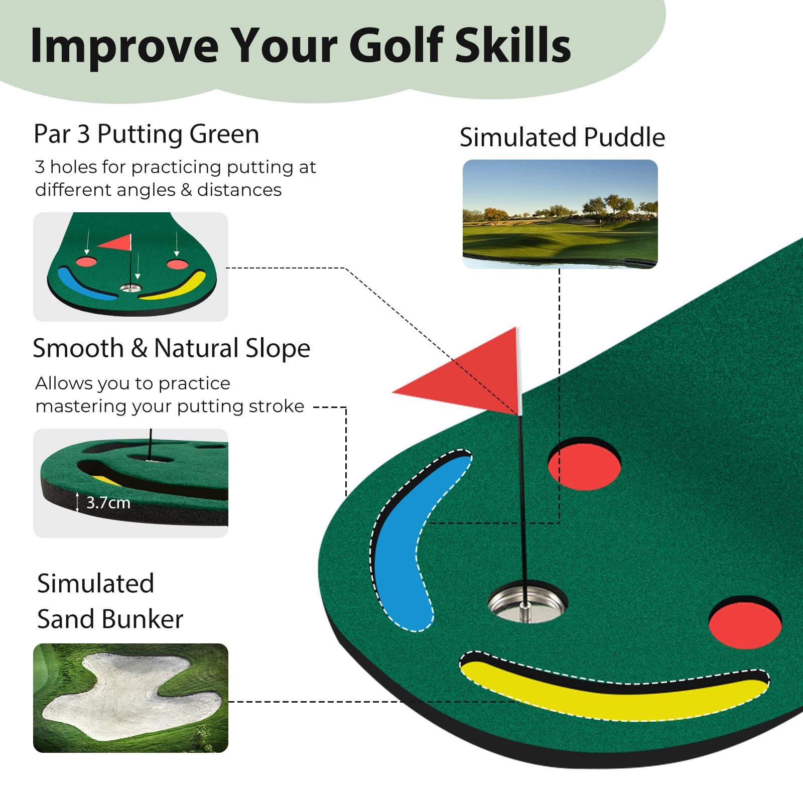 LIFEZEAL Golf Puttingmatte, Übungmatte Golfmatte mit 3 Löchern, Abschlagmatte Golf mit Bunte Fahne, 5 Abstandshältern für Bohrungen, Dicke Training Matte für Zuhause, Garten, Garage