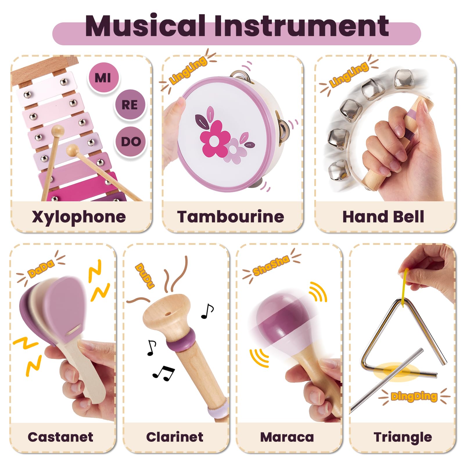 BUYGER Kids Wooden Musical Instruments Toys with Xylophone Tambourine Maracas Toddler Baby Percussion Musical Sensory Toys Gifts for 1 2 3+ Year Old - Image 4