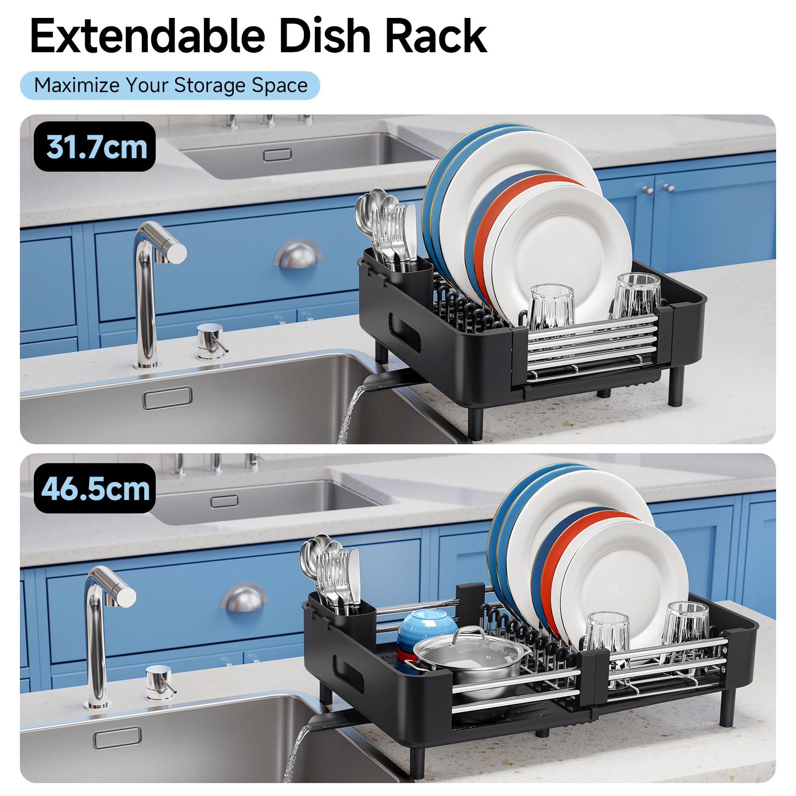 KINGRACK Escurridor de Platos, Escurreplatos Extensible, Escurridor de Platos Acero Inoxidable con Portautensilios Extraíble, Escurreplatos sobre Fregadero con Caño de Drenaje, Negro
