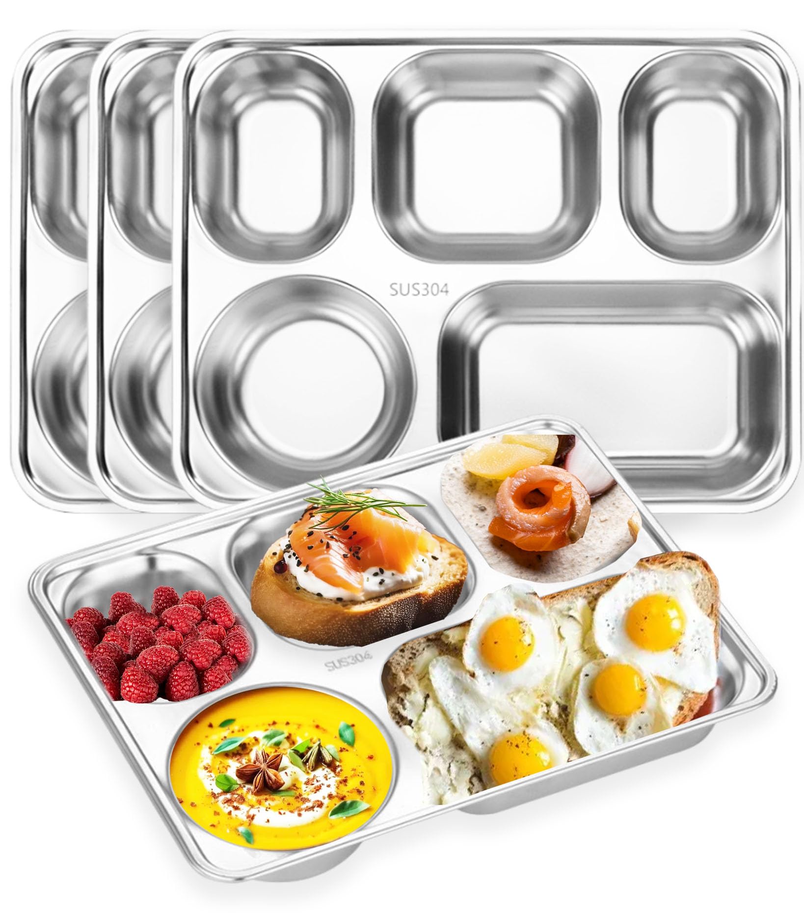 Nexboraque Paquete de 4 platos divididos de acero inoxidable 304, platos rectangulares de 5 secciones, platos de control para adultos, quisquillosos, campistas, control de porciones de alimentos