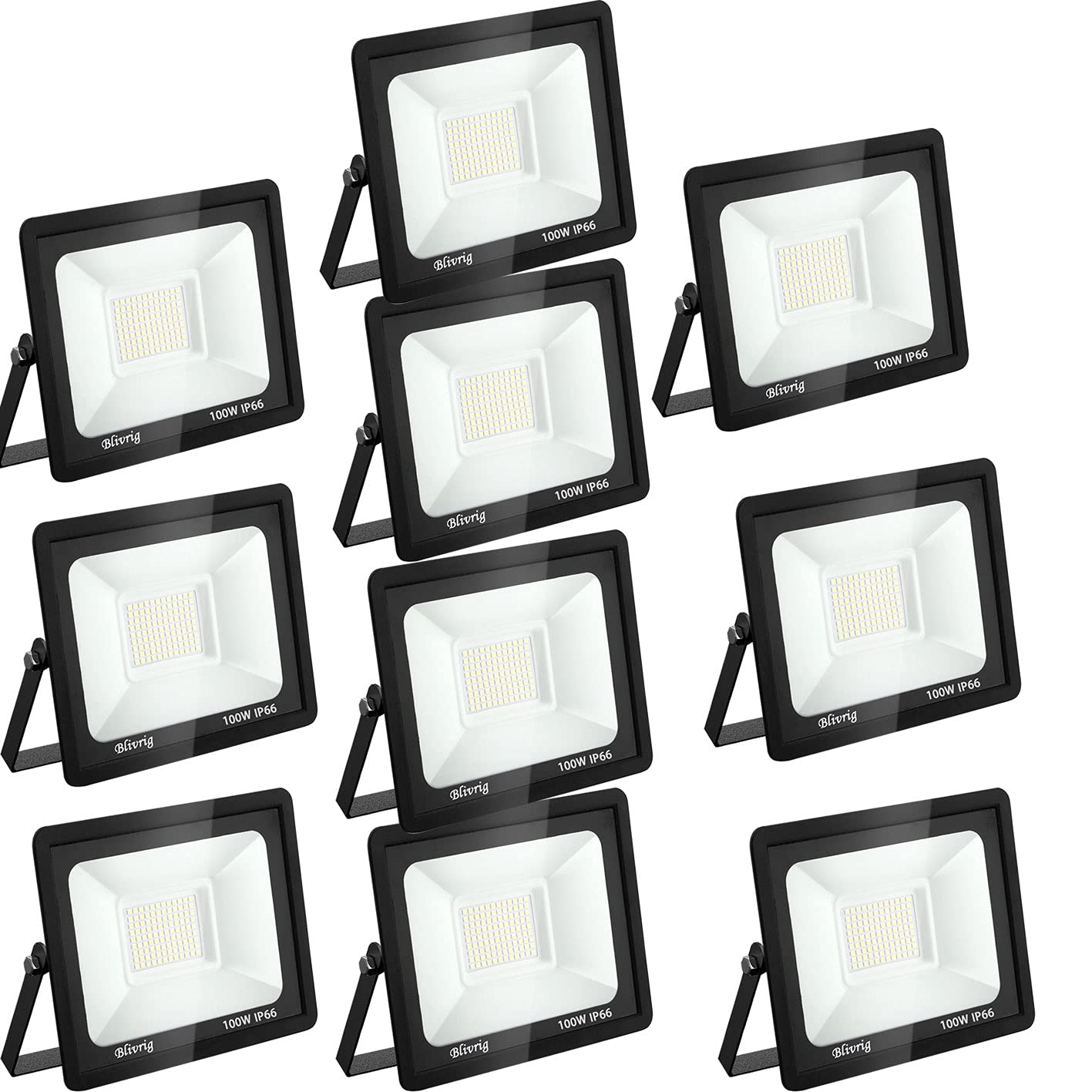 toobettp 10 pieces LED spotlight outdoor 100 W, 10000 lm, 6500 K warm white, IP66 waterproof wall light for garage, garden, courtyard, park — image 1