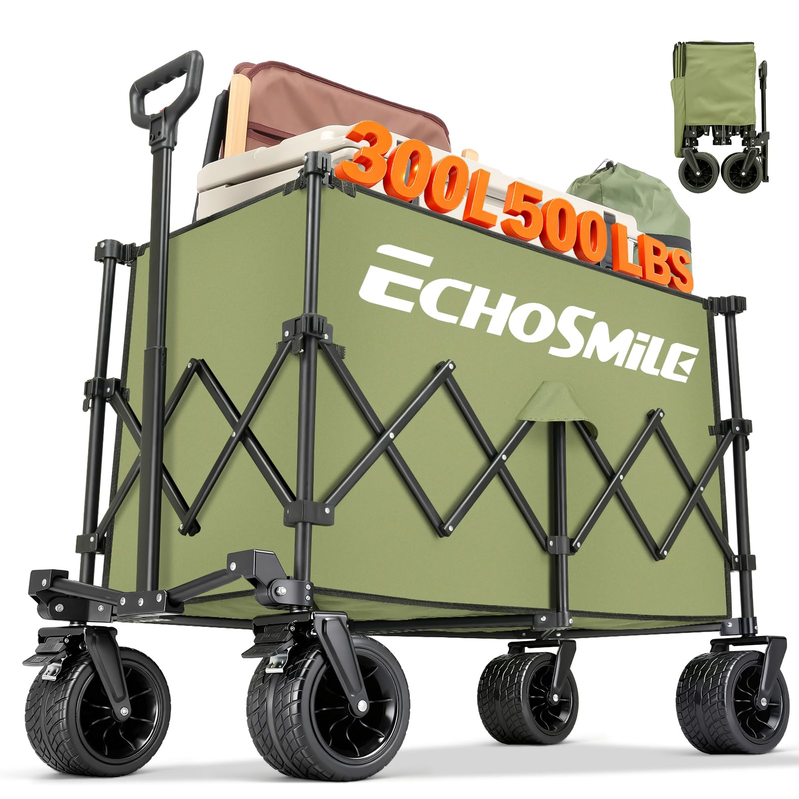 EchoSmile XXXXL Bollerwagen Faltbarer mit 300L 227 KG Belastbar - Strandwagen mit Großen All-Terrain Rädern Tragbarer Einkaufswagen Transportwagen mit Bremsen - Campingwagen für den Außenbereich, Grün