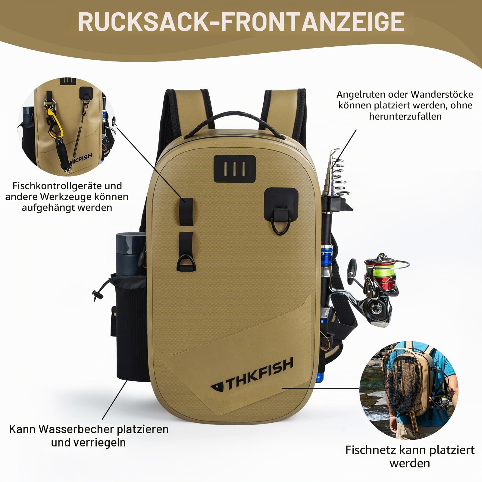 THKFISH Wasserdichter Angelrucksack, Forellen- und Fliegenfischen, Angeltasche, IPX8 wasserdichte Aufbewahrungstasche mit verstellbarem Gurt für Fliegenfisch, Kajak, Bootfahren