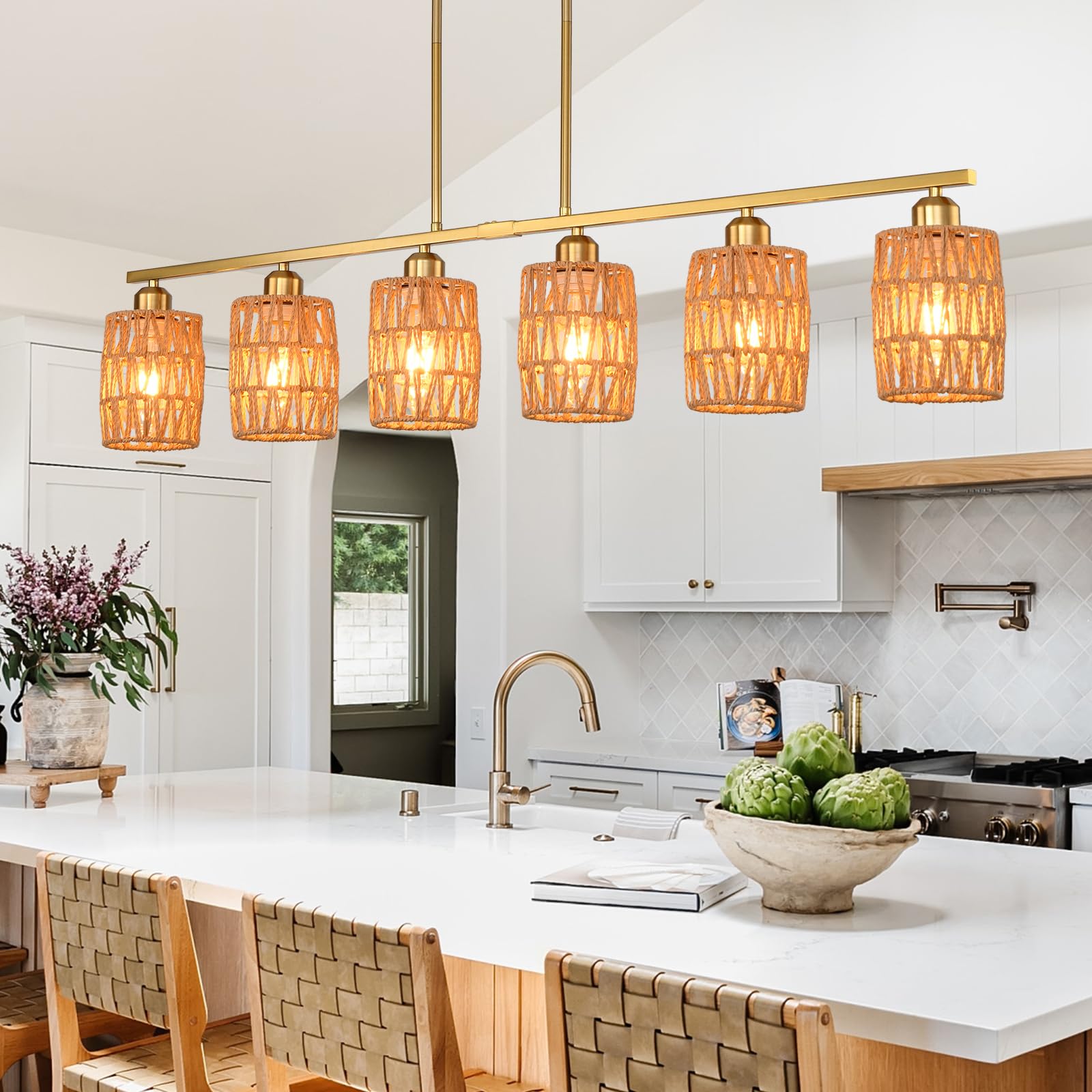 Rattan pendant lights for kitchen island,6-Light Boho Coastal Chandelier Gold,Bohemian Rustic Pendant Light Fixture for Dining Room,Height Adjustable,