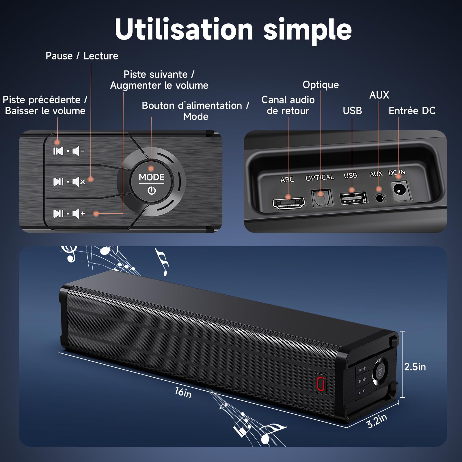 JYX Barre de Son TV 100W Bluetooth 5.4 HDMI Arc Optique AUX USB avec Tweeter Woofer 4 Pouces