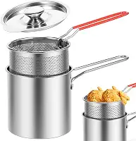 Panela de fritadeira com cesta, panela de 200 ml, panela de fritura profunda com alça de fácil aderência, frigideira portátil de aço inoxidável para fritar peixe, camarão, frango e batatas