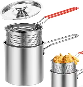 Panela de fritadeira com cesta, panela de 200 ml, panela de fritura profunda com alça de fácil aderência, frigideira portátil de aço inoxidável para fritar peixe, camarão, frango e batatas