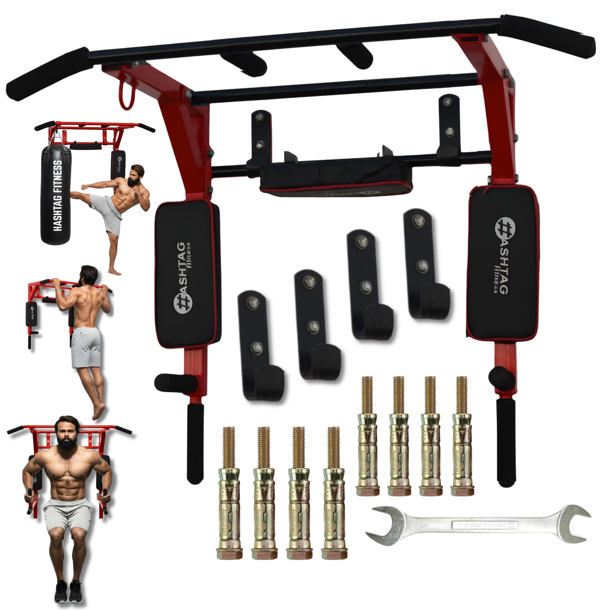 Hashtag Fitness pull up bar stand | hanging rod for height increasing equipments | wall mount for home equipment-Red-image-17