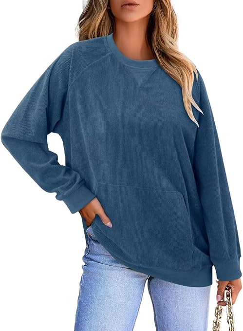 KISSMODA Women's Casual Long Sleeve Sweatshirt Color Block/Solid Crewneck Corduroy Pullover Cute Tops