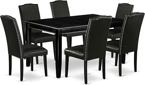 East West Furniture DUEN7-BLK-69 - Juego de mesa de comedor de 7 piezas consta de una mesa de cocina rectangular y 6 sillas de comedor Parson de