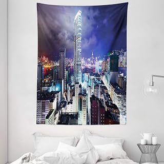 Ambesonne City Tapestry, Downtown in Hong Kong Urban View at Night High Rise Buildings Modern Business District, Wall Hanging for Bedroom Living Room Dorm Decor, 60" X 80", Multicolor