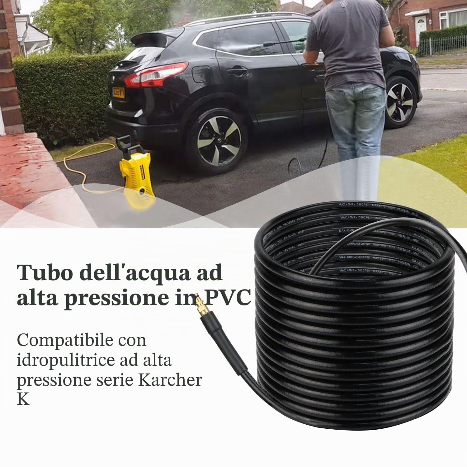 10 m Tubo ad alta pressione per idropulitrice Karcher K2 K3 K4 K5 K6 K7, tubo di ricambio ad alta pressione 400 bar con connettore rapido, tubo per lavaggio a getto per pulizia auto, strada, giardino