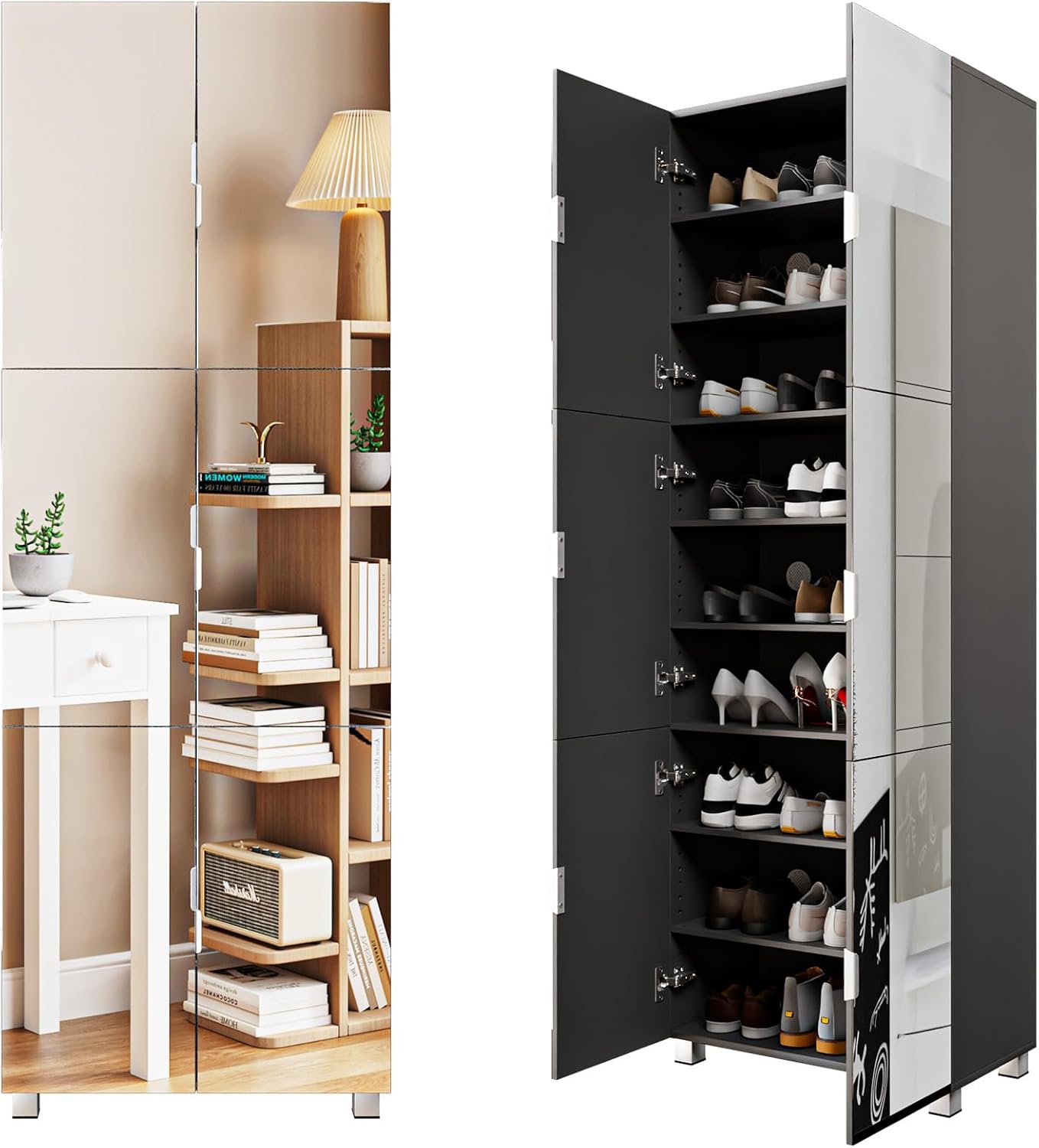 72''Mirror Shoe Cabinet with 6 Full-Length Mirrored Doors, Mirrored Shoe Storage Cabinet Holds 32 Pairs, Tall Shoe Cabinet with Doors and Vented Back for Entryway Hallway Apartment (Classic Black)