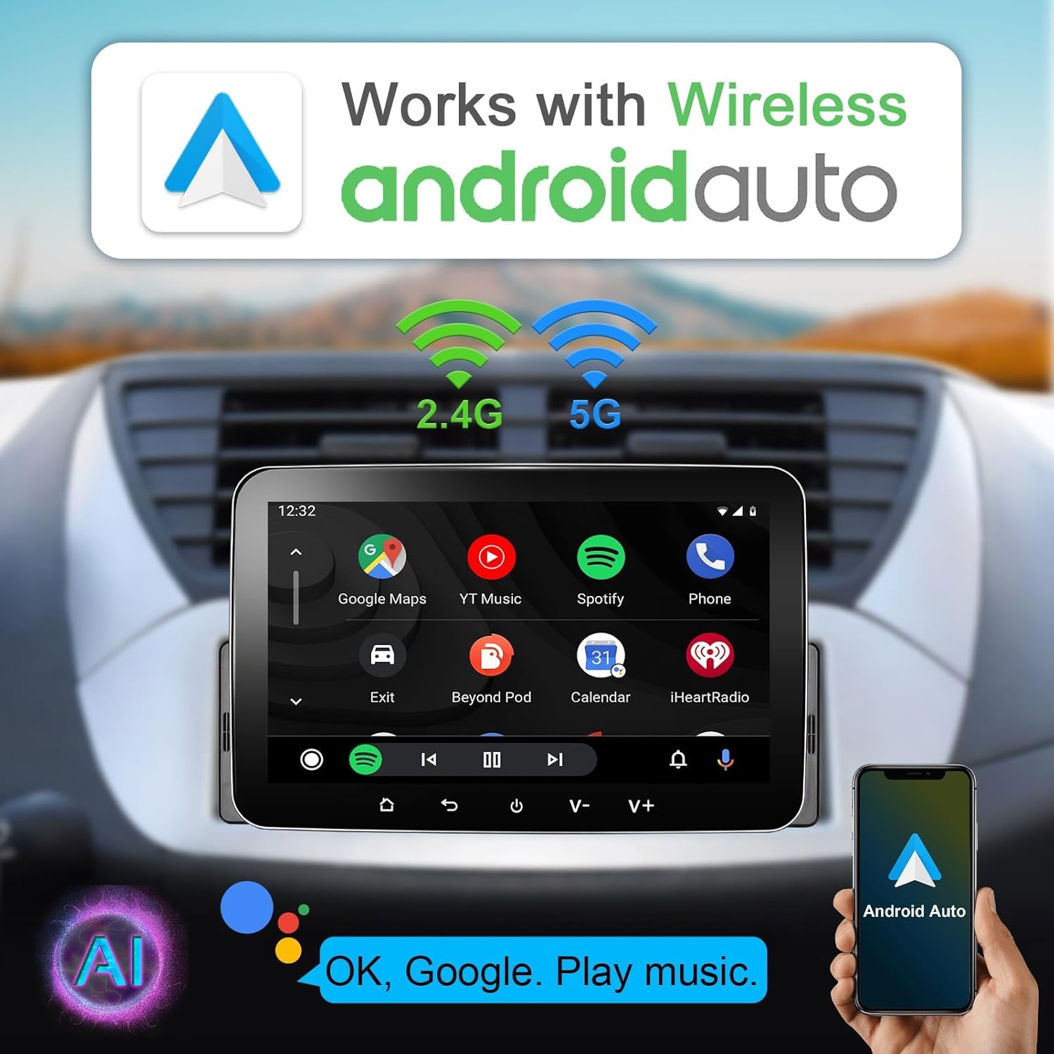 Paparan radio kereta yang menunjukkan antara muka Android Auto dengan Peta Google dan muzik