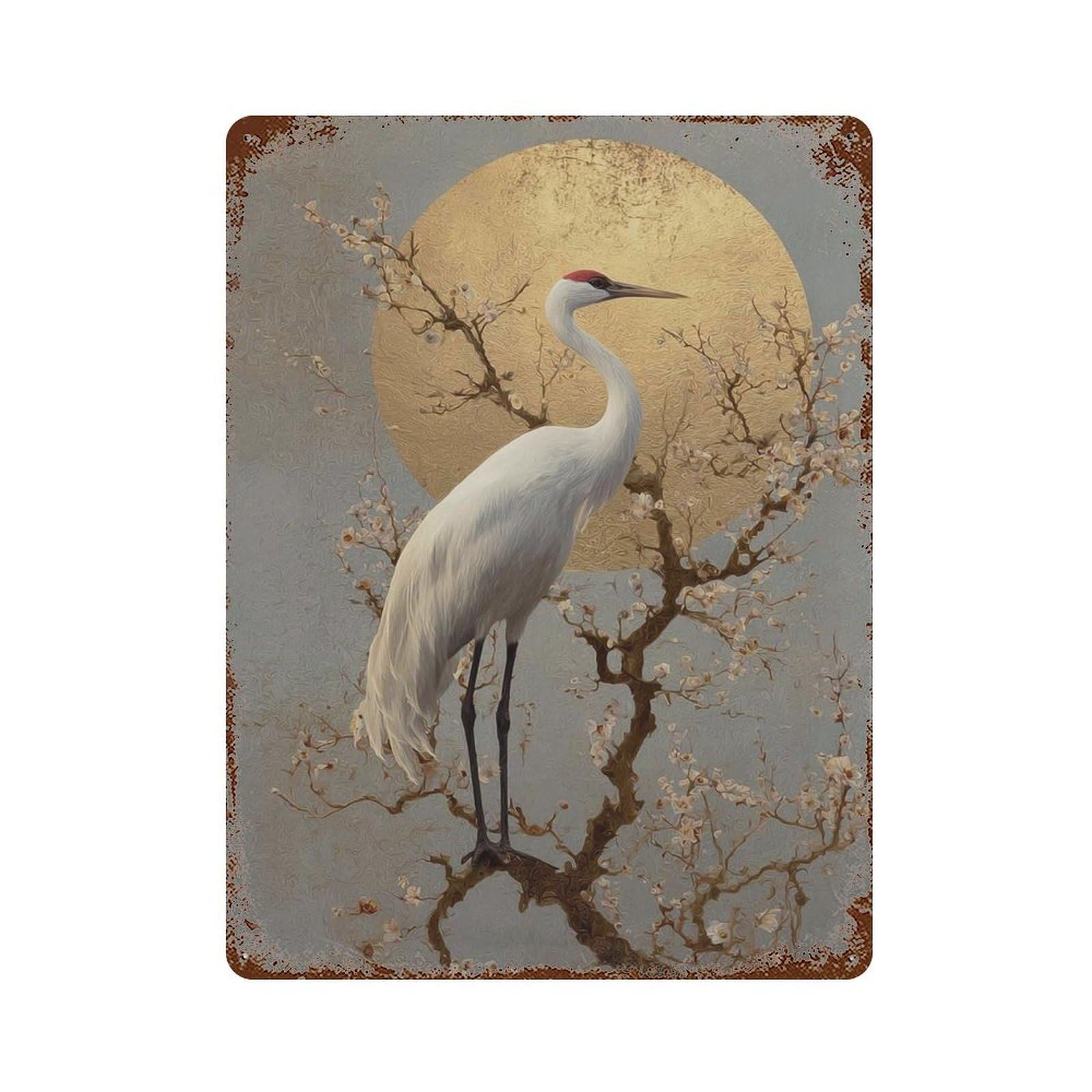xiaoxiaoshen Golden Sun Crane – Japanese Heron with Plum Blossoms Oriental Style Nature Wall Decor Art Metal Tin Poster Modern Home Decor Art Home Bar Shop Decorations Vintage Sign 40x30cm