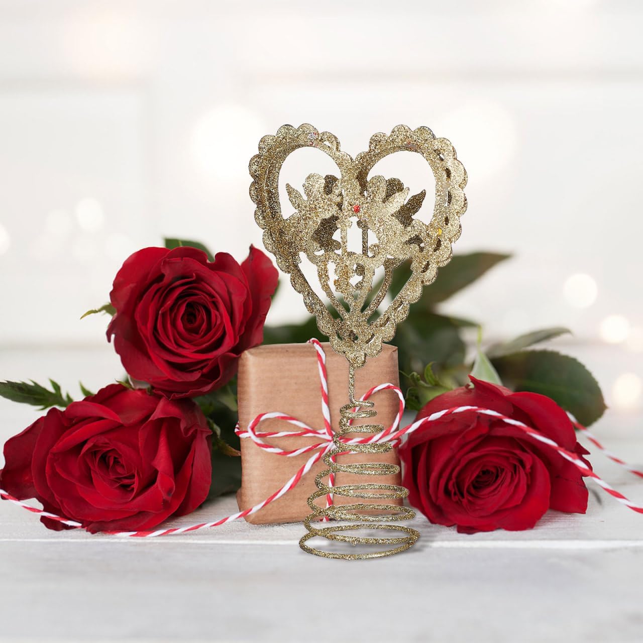 Heart Shaped Christmas Tree Topper with Cupid Angel Ornament Iron Metal Gold Glitter Christmas Star Treetop Valentines Day Wedding Party Decoration (Golden)
