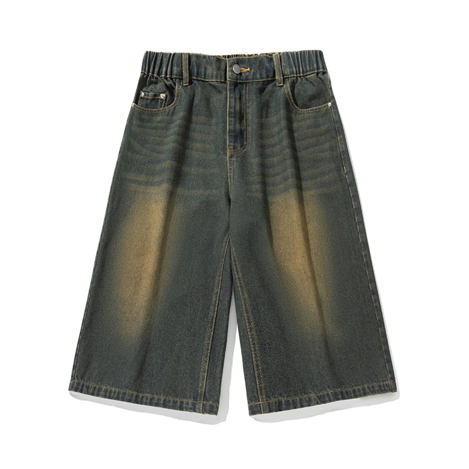Pantaloncini Short Uomo Jeans Corti A Gamba Larga per Gli Uomini retrò Gamba Dritta Pantaloni di Media Lunghezza Semi Elastico in Vita Pantaloncini Casual Larghi