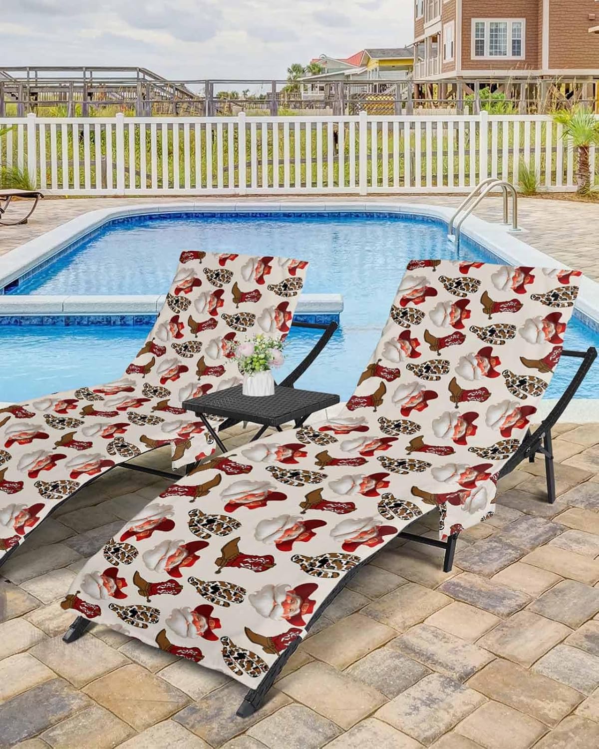 Cowboy Christmas Beach Chair Cover with Pockets, Microfiber Quick Dry Chaise Lounge Cover, Western Santa Xmas Winter Red Pool Lounge Chair Covers Towel for Sunbathing Patio Garden