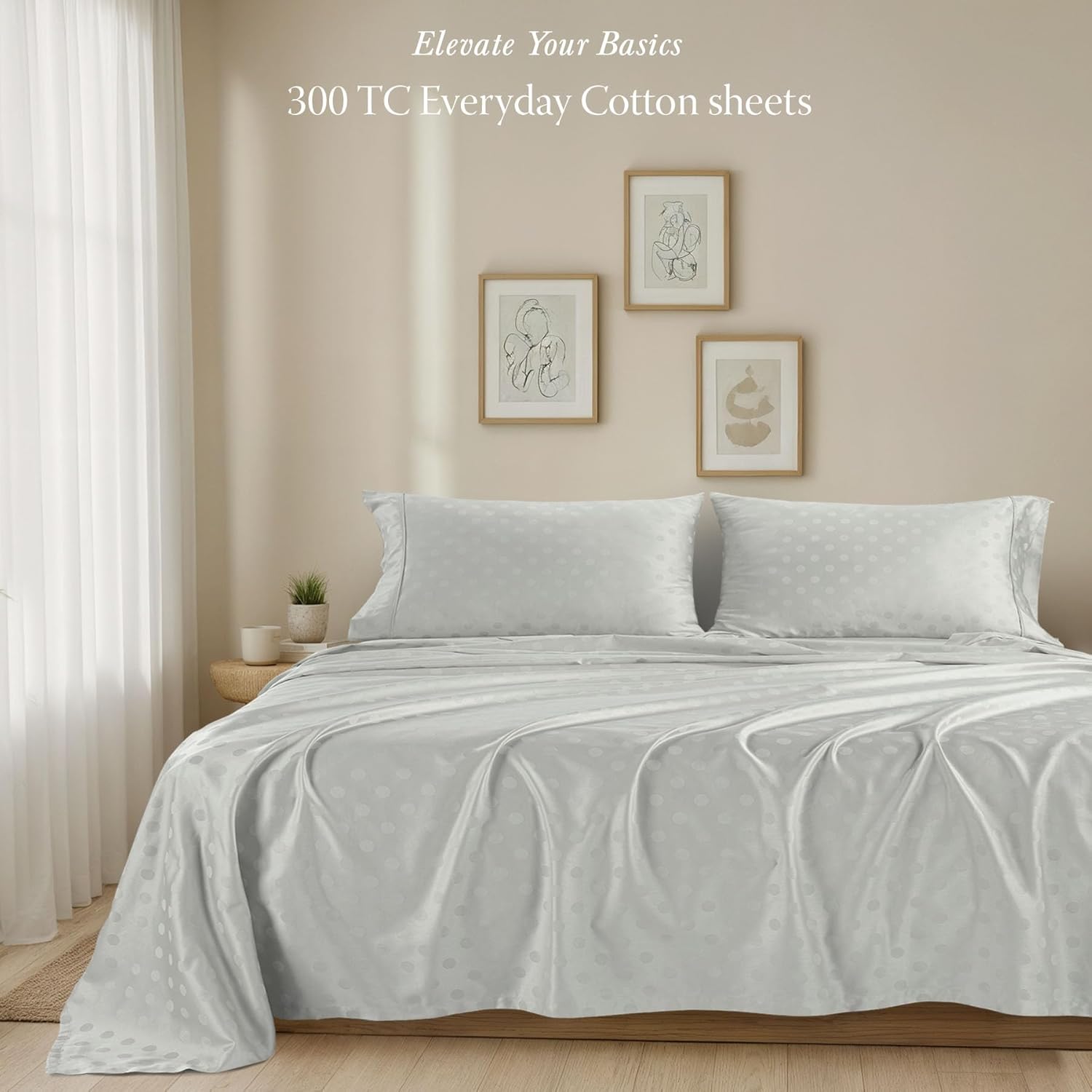 Threadmill Cotton Queen Sheet Set | 100% Cotton Sheets for Queen Size Bed | Damask Jacquard Queen Bed Sheets Set with 16” Deep Pocket | Soft Sateen Weave 4-Piece Cooling Bedding Set | Light Grey - Image 2