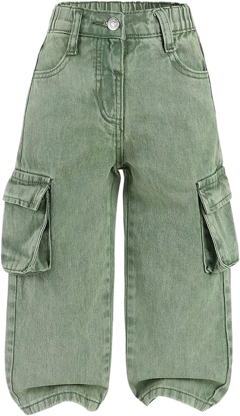 WDIRARA Toddler Girl's Baggy Cargo Jeans Elastic Waist Straight Leg Denim Pants with Flap Pockets