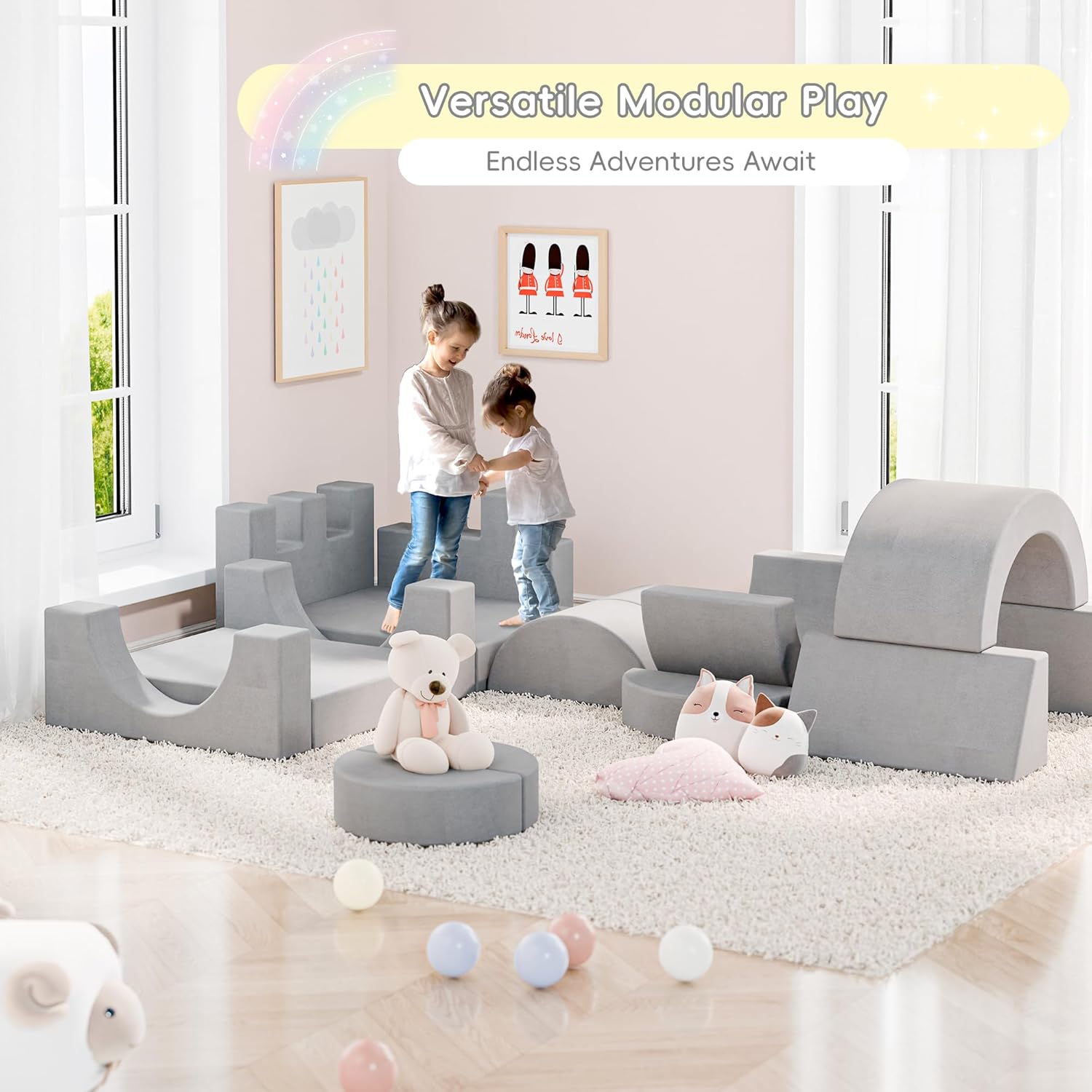 Betterhood 16pcs Modular Kids Play Couch, 1000+DIY Versatile Child Sectional Sofa for Playroom Bedroom, Convertible Foam Cushion for Boys & Girls, Grey