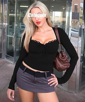 Women Long Sleeve Square Neck Lace Trim Crop Tops Sexy Bow Y2k Going Out Tops T Shirt