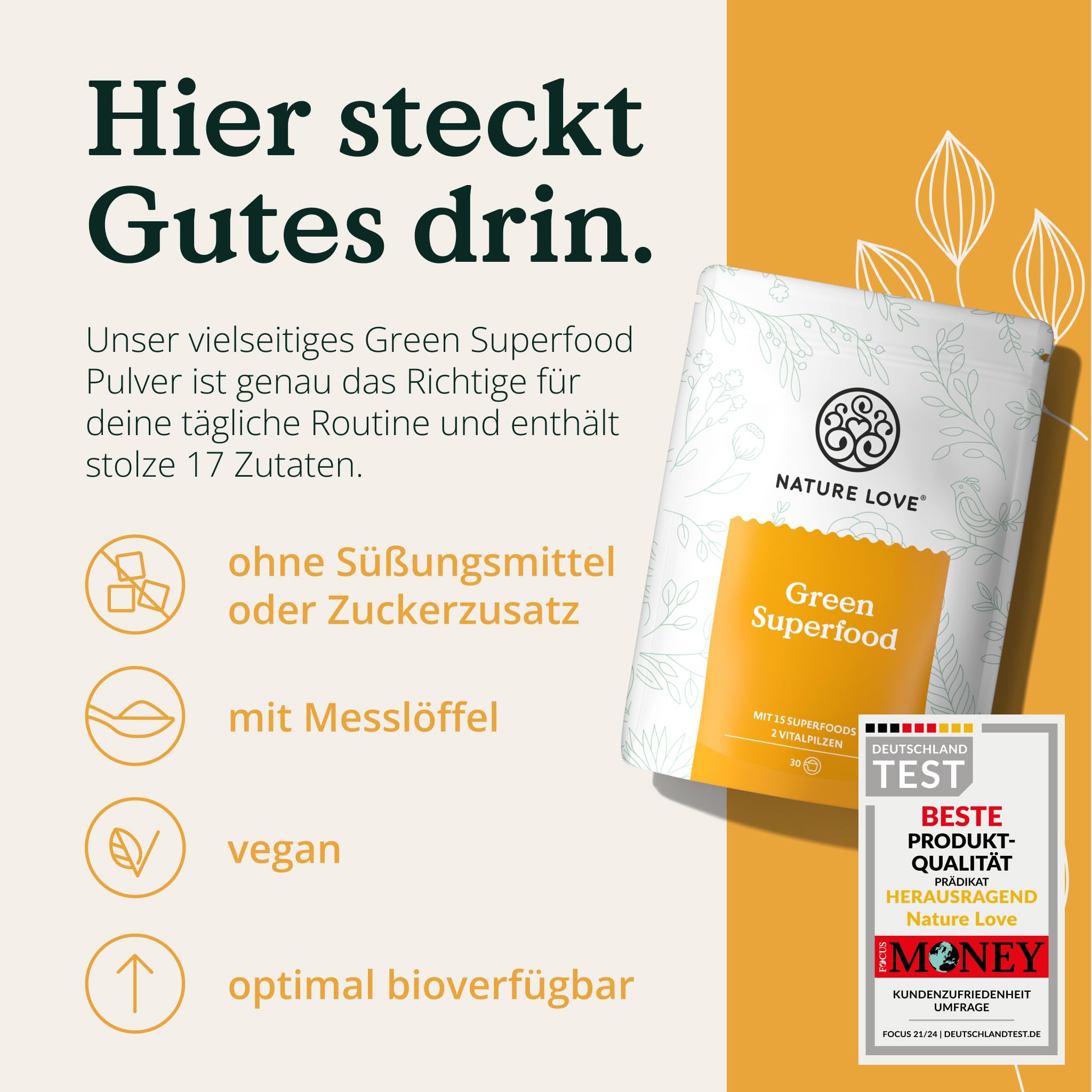 NATURE LOVE® Green Superfood - 300g - 15 Superfoods und 2 Vitalpilze - u.a. mit Gerstengras, Spirulina & Moringa - Greens Pulver ohne Aromen, Süßstoffe oder zugesetzten Zucker - vegan & laborgeprüft