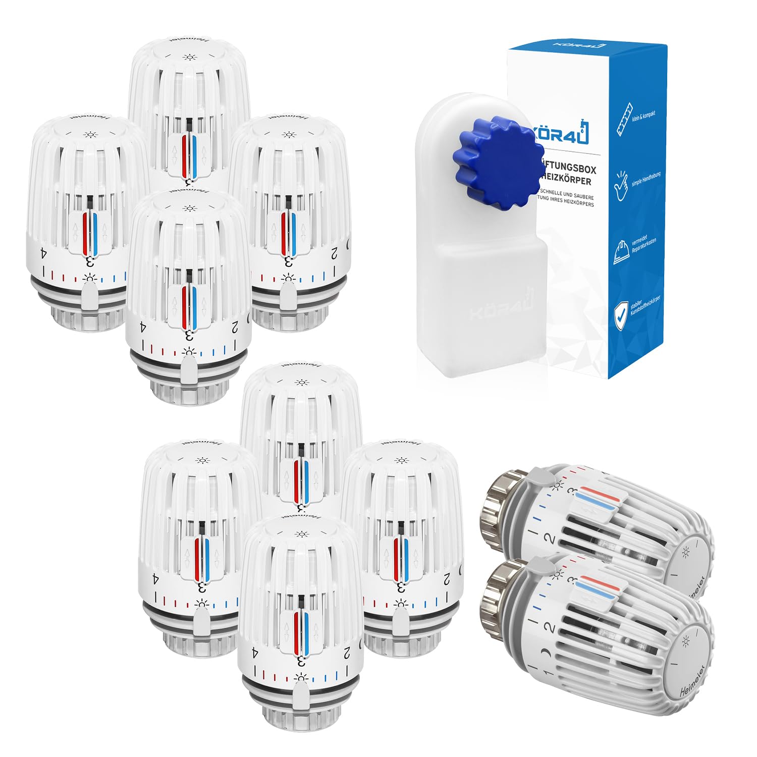 10x IMI Heimeier Thermostat-Kopf 7000-00.500 mit Nullstellung, inklusive 1x kör4u Heizkörperentlüftungsbox