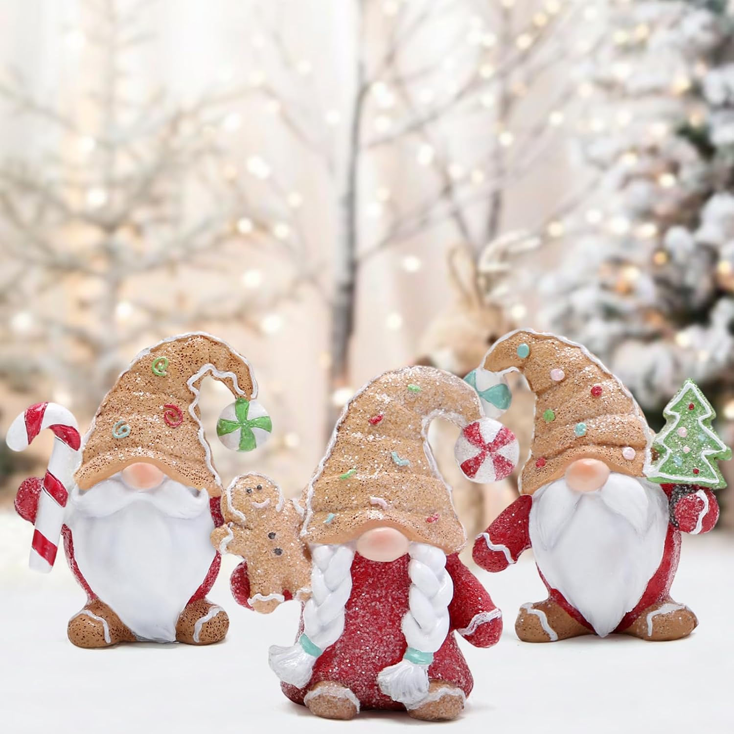 Hodao Christmas Gnome Figurines Set of 3, Hand-Painted Resin Gingerbread-Style Mini Ornaments, Tabletop Figurines for Home Indoor Decor, Mantel & Tiered Tray Decorations. (Red Clothes) - Image 2